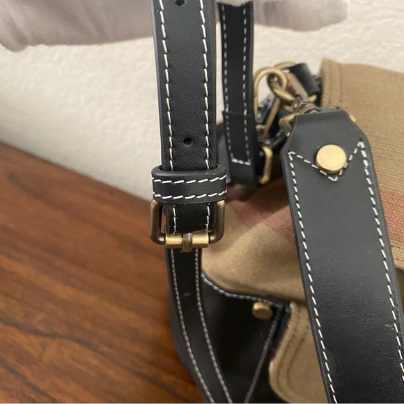 Black Leather Canvas Nova Check Plaid Bucket Crossbody Bag Drawstring Satchel - Picture 11 of 14
